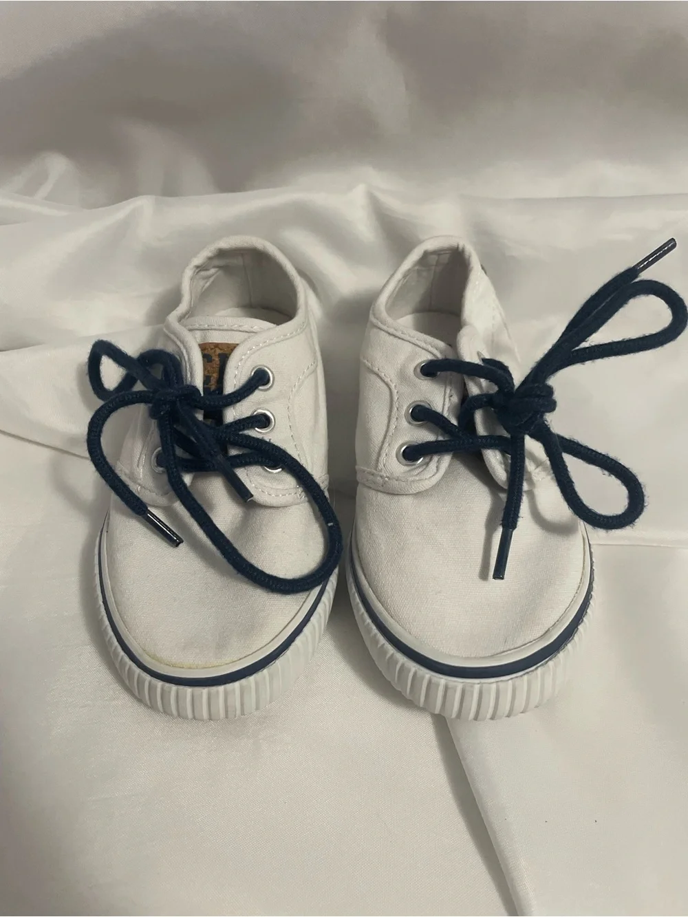 Kids White Canvas Sneakers with Navy Laces